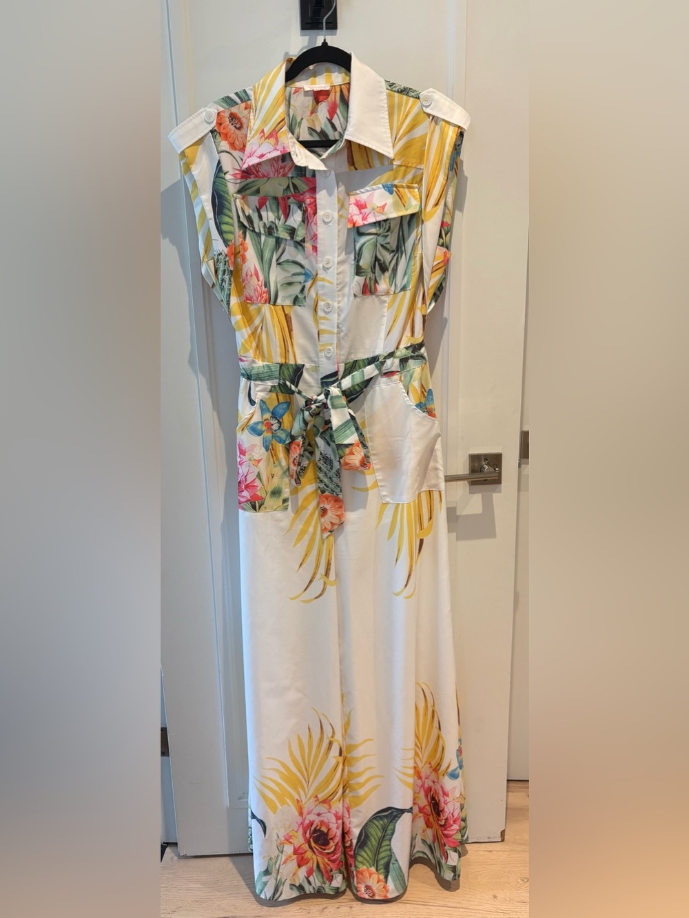 Sleeveless White Tropical Print Maxi Shirt Dress